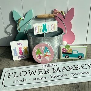 Spring Flower Market Peeps Bunny Galvanized Caddy Home Decor